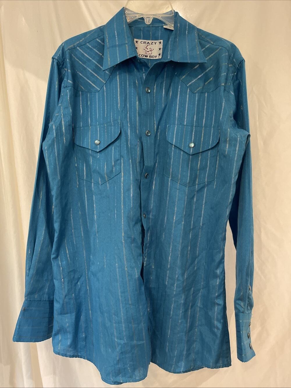 VTG Crazy Cowboy Western Pearl Snap Dress Shirt Men’s M Turquoise Blue Metallic